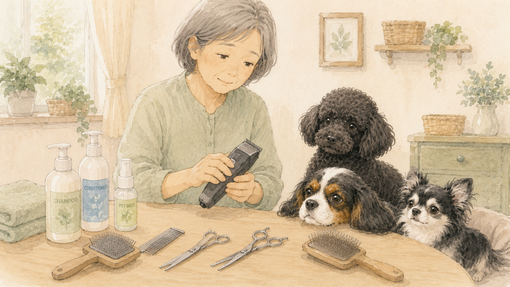 自宅トリミングの道具を準備する様子