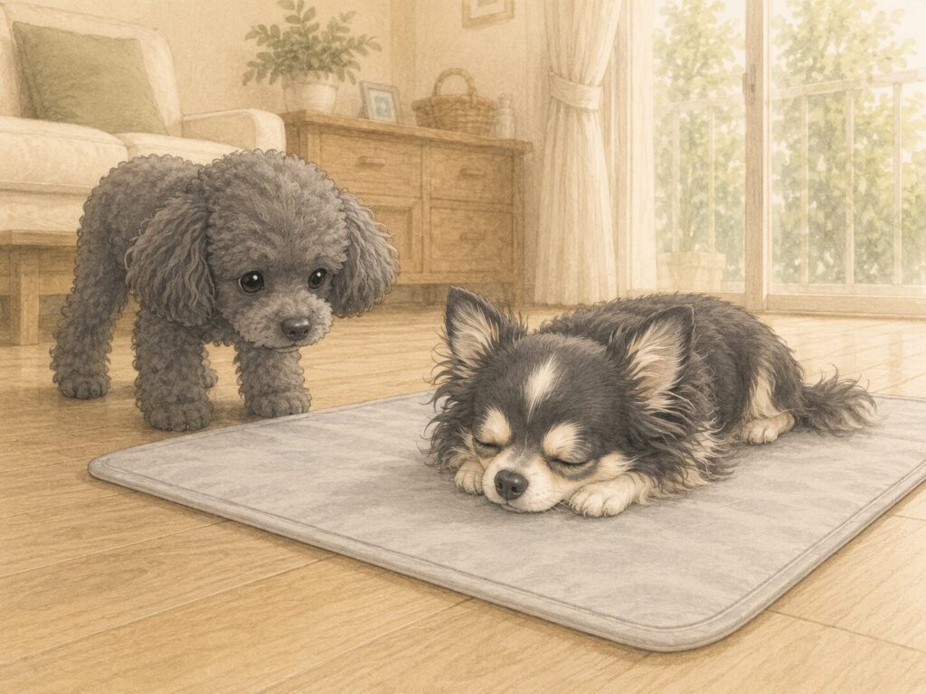 冷感マットの上で眠るチワワ