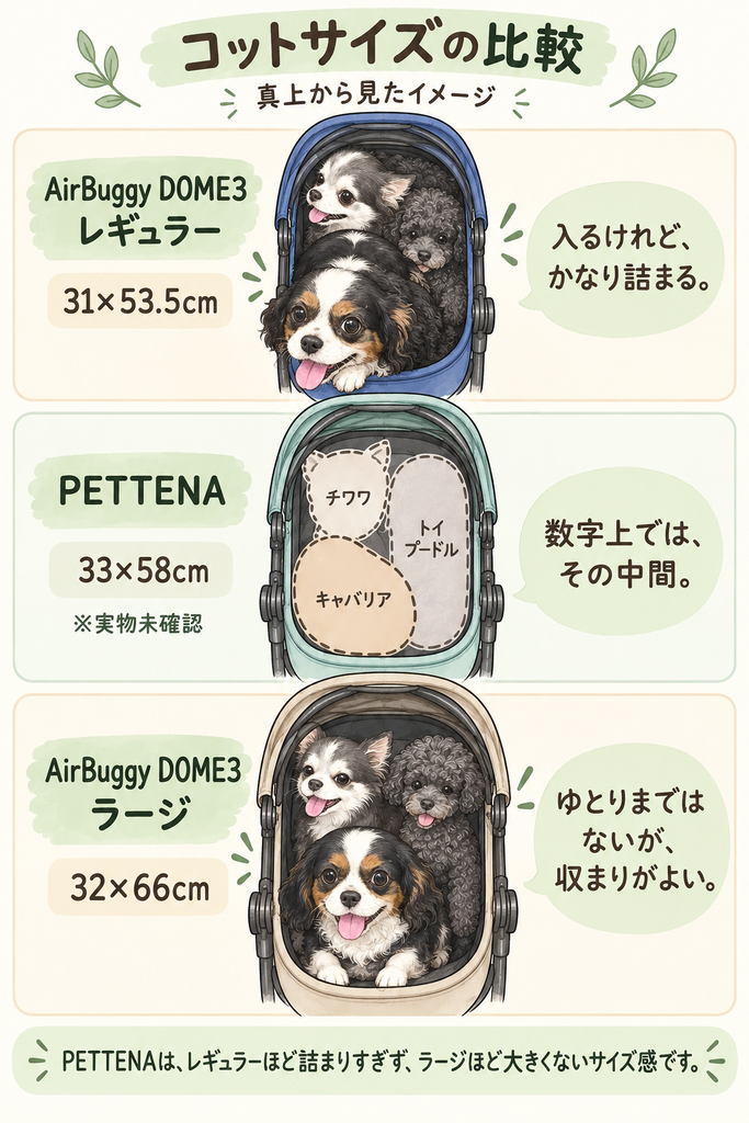 「AirBuggy DOME3レギュラー・PETTENA・ラージのコットサイズ比較。我が家の3頭で見た収まり方のイメージ図」