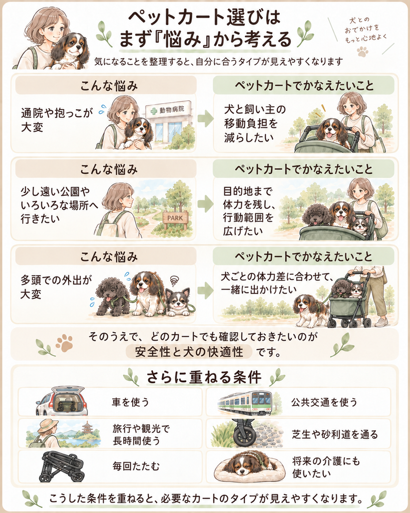 ペットカート選びを「通院・公園・多頭飼い」の悩みから考え、安全性や快適性、車・公共交通・収納などの条件を重ねて選ぶ流れを示した図