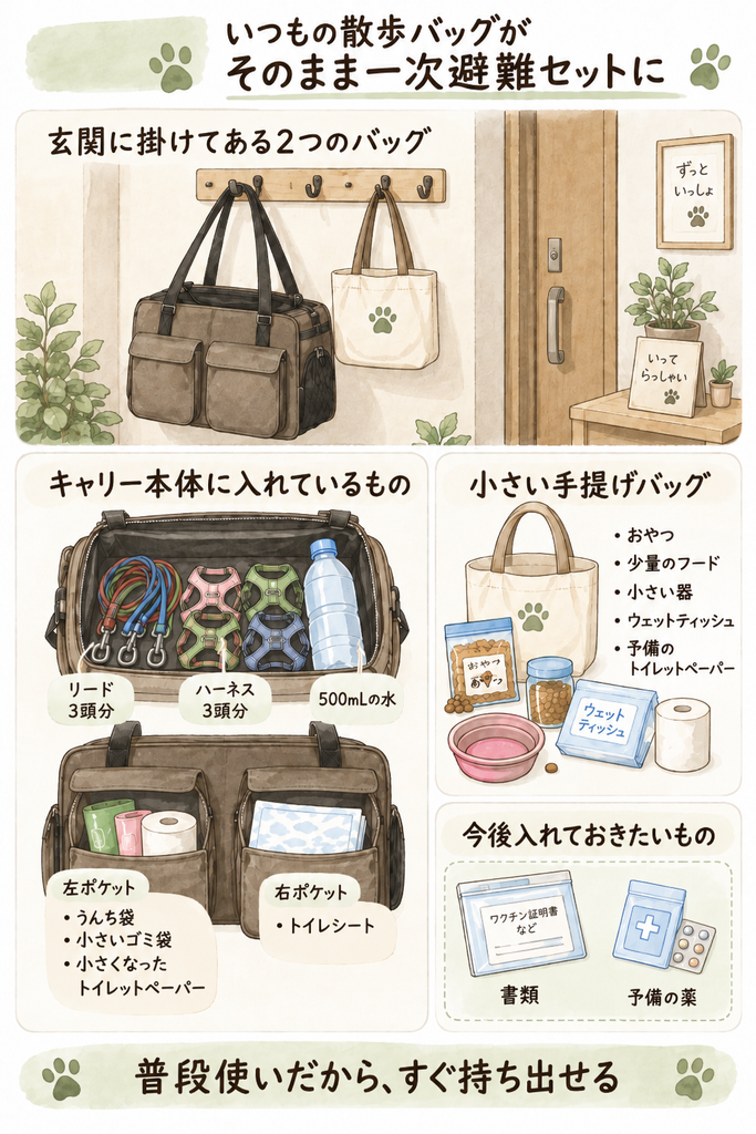 普段使いのペットキャリーと散歩バッグに入れている、リード・水・トイレ用品などを示した図解