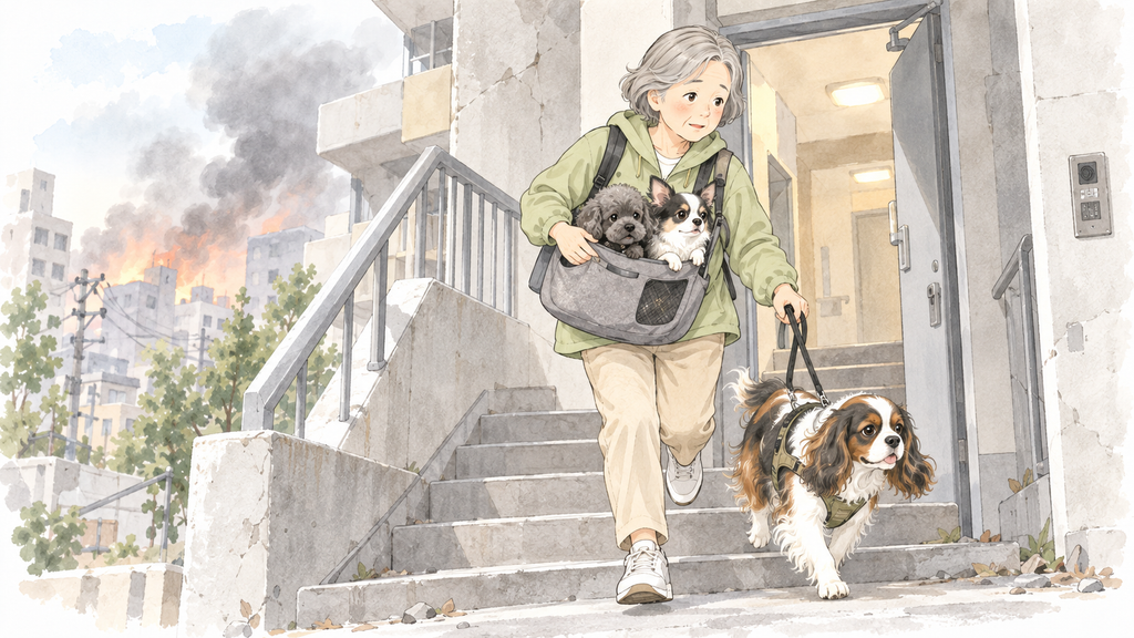 火災や建物の危険から、犬3頭と最低限の荷物で緊急避難する様子