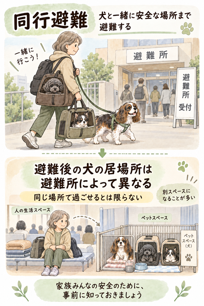 同行避難では犬と一緒に避難所へ向かうが、避難後は人とペットの生活スペースが分かれる場合があることを示す図解