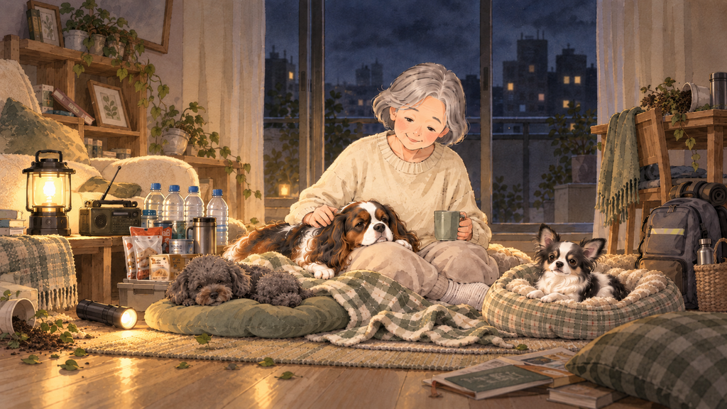 地震後の停電したマンションの室内で、老犬3頭と在宅避難する様子