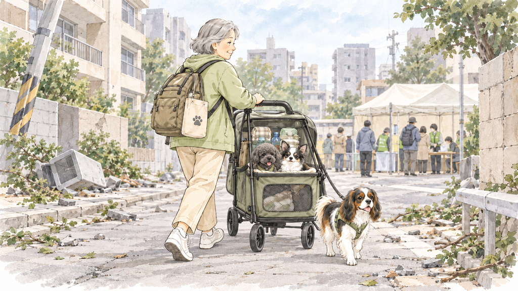自宅で生活を続けられなくなり、犬3頭とペットカートを使って別の避難先へ移動する様子