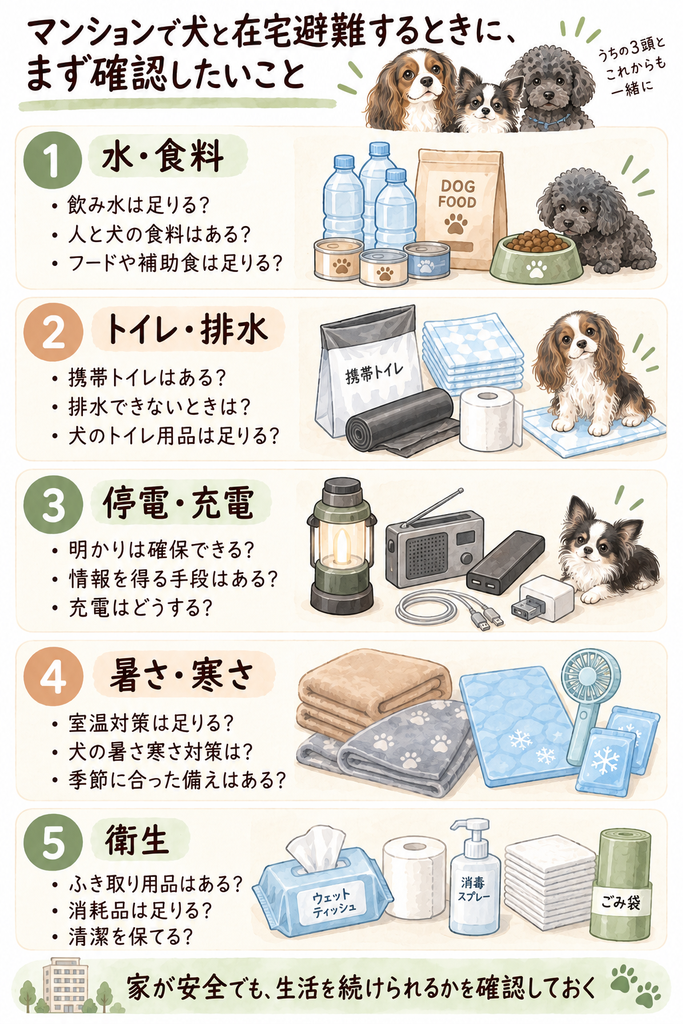 マンションで犬と在宅避難するときに、水・食料・トイレ・停電・暑さ寒さ・衛生を確認する図解