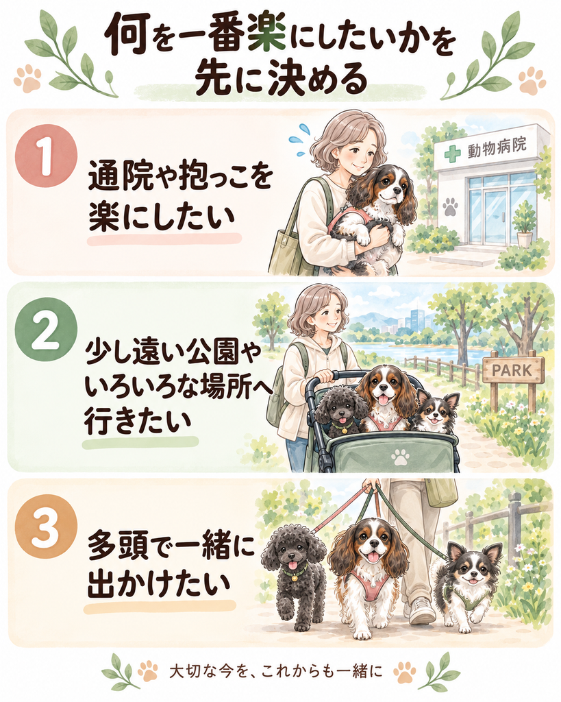 何を一番楽にしたいかの3つの悩みの表した図①通院や抱っこ②少し遠い公園③多頭で一緒に