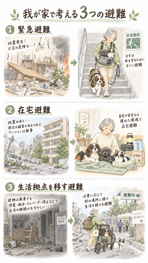 老犬3頭との災害時の避難を、緊急避難・在宅避難・生活拠点を移す避難の3つに分けた図解