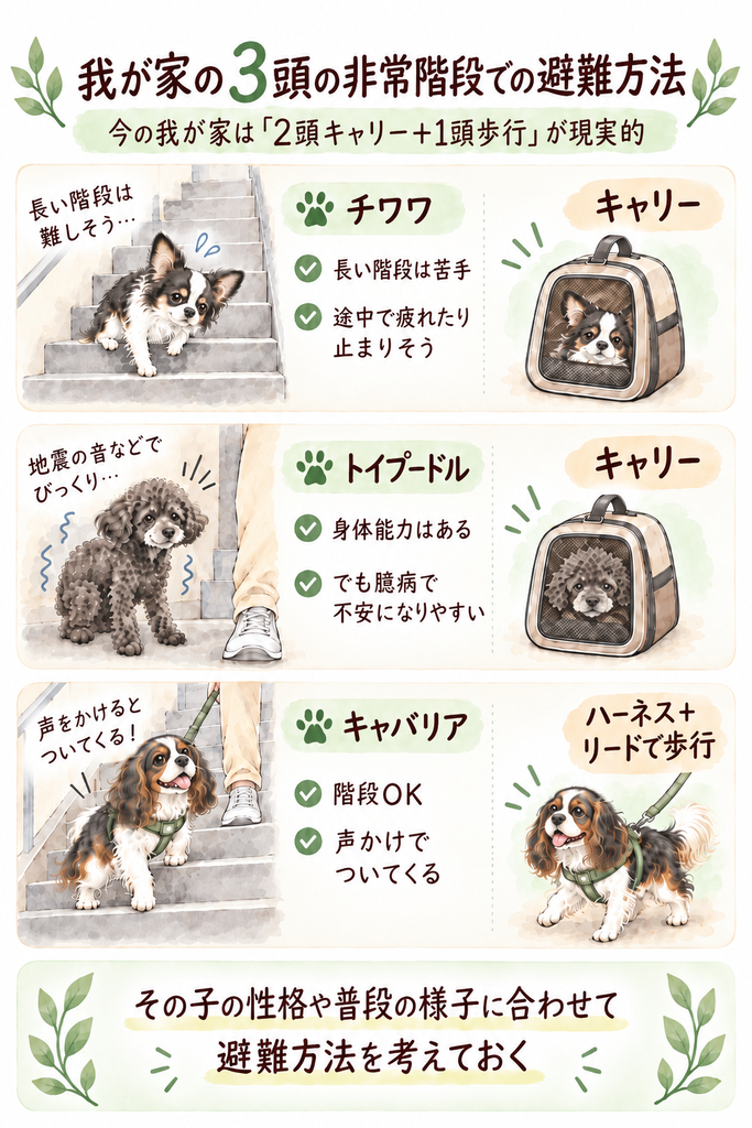 老犬3頭の非常階段での避難方法を、2頭はキャリー・1頭はハーネスとリードで歩行に分けた図解