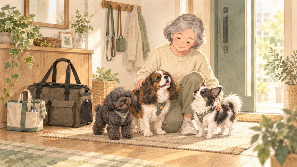 マンションの玄関で犬3頭と一緒に、これからの防災について考える60代女性