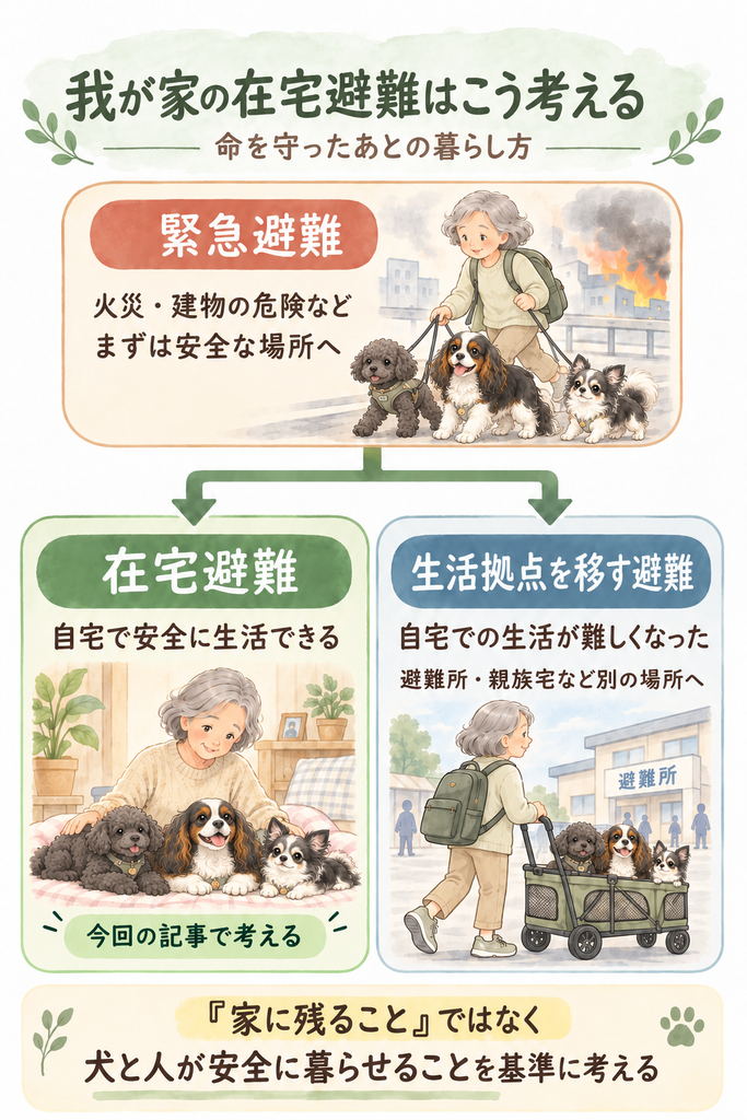災害時の避難を、緊急避難・在宅避難・生活拠点を移す避難の3つに分け、犬と人が安全に暮らせることを基準に考える図
