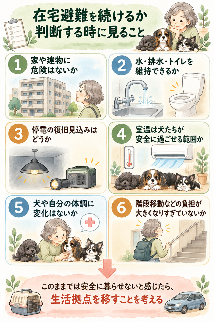 建物の安全、水やトイレ、停電、室温、犬と人の体調、階段移動の負担から、在宅避難を続けるか生活拠点を移すか判断する図