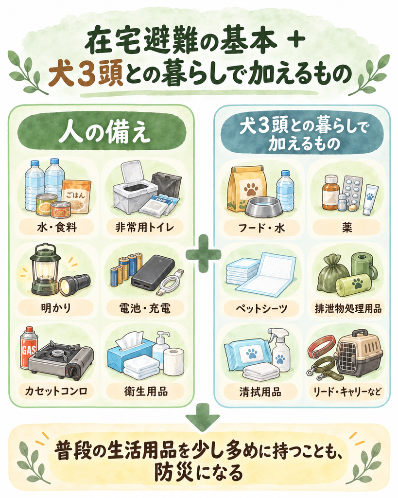 在宅避難に必要な水・食料・非常用トイレなどの基本備蓄に、犬3頭のフード・薬・ペットシーツ・衛生用品などを加えた図