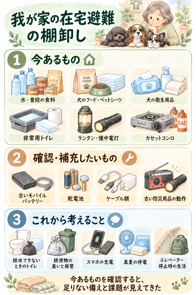 我が家の在宅避難の備えを、今あるもの・確認や補充をしたいもの・これから考えることの3つに整理した図
