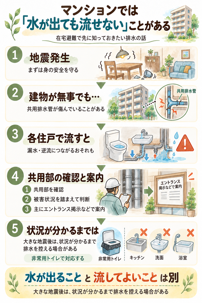 地震後のマンションでは共用排水管が損傷している可能性があり、状況確認までトイレや台所などの排水を控える場合があることを示す図