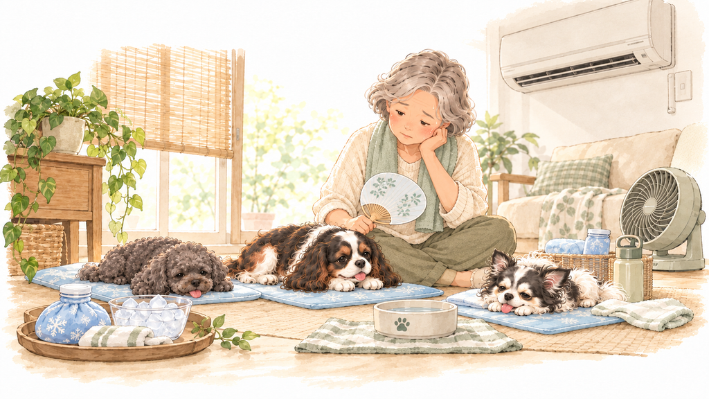 真夏の停電時に暑そうな老犬3頭の様子を見ながら対策を考える飼い主